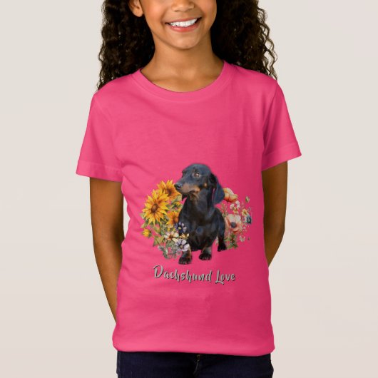 Dackel Liebe Hund in Wildblumen Design T-Shirt (Vorderseite)