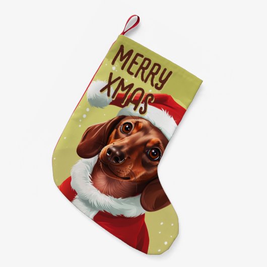 Dackel mit Ausstattung des Weihnachtsmanns - Weihn Kleiner Weihnachtsstrumpf (Vorderansicht (hängend))