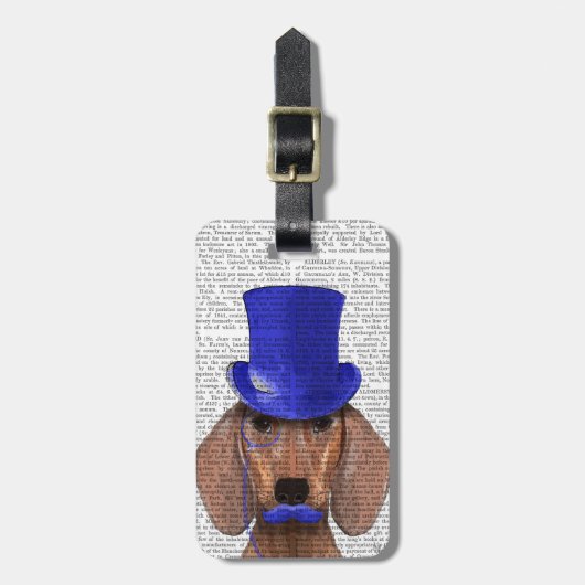 Dackel mit Blue Top Hat und Blue Mustache Gepäckanhänger (Vorderseite vertikal)