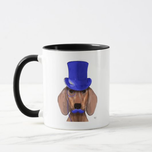 Dackel mit Blue Top Hat und Blue Mustache Tasse (Links)