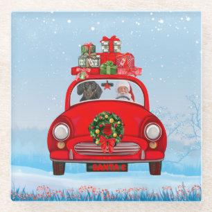 Dackel mit dem Weihnachtsmann im Auto Glasuntersetzer