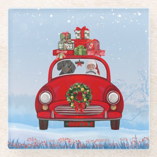 Dackel mit dem Weihnachtsmann im Auto Glasuntersetzer (Vorderseite)