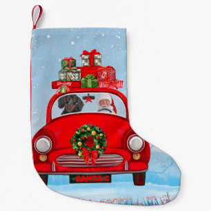Dackel mit dem Weihnachtsmann im Auto Kleiner Weihnachtsstrumpf