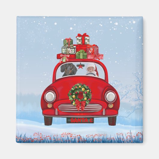 Dackel mit dem Weihnachtsmann im Auto Magnet (Vorne)