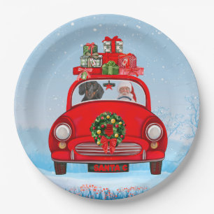 Dackel mit dem Weihnachtsmann im Auto Pappteller
