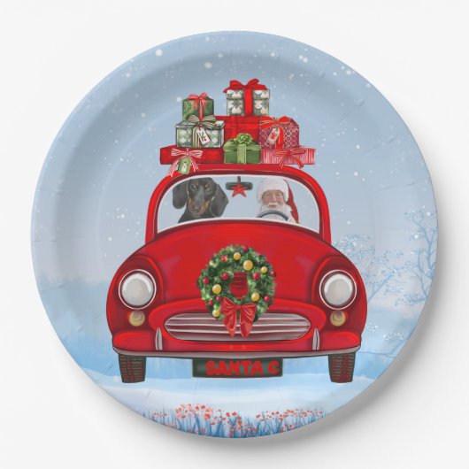 Dackel mit dem Weihnachtsmann im Auto Pappteller (Vorderseite)