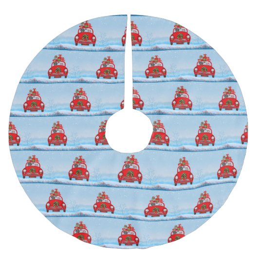 Dackel mit dem Weihnachtsmann im Auto Polyester Weihnachtsbaumdecke (Vorderseite)