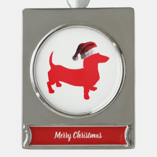 Dackel mit einem Weihnachtshut zu Weihnachten Banner-Ornament Silber