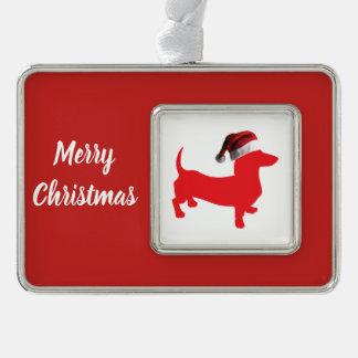 Dackel mit einem Weihnachtshut zu Weihnachten Rahmen-Ornament Silber