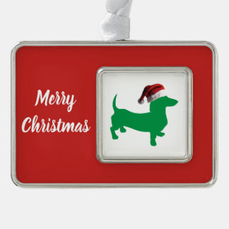 Dackel mit einem Weihnachtshut zu Weihnachten Rahmen-Ornament Silber