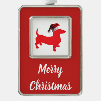 Dackel mit einem Weihnachtshut zu Weihnachten Rahmen-Ornament Silber