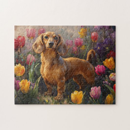 Dackel mit Frühlingshuppchen Puzzle (Horizontal)