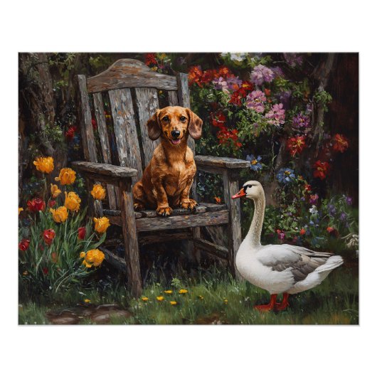 Dackel mit Gans im Garten Poster (Vorderseite)