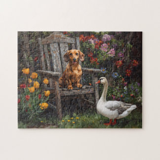 Dackel mit Gans im Garten Puzzle