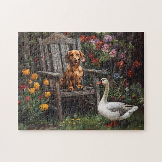 Dackel mit Gans im Garten Puzzle (Horizontal)