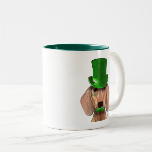 Dackel mit grünem Top-Hut und Mustache Zweifarbige Tasse (VorderseiteRechts)