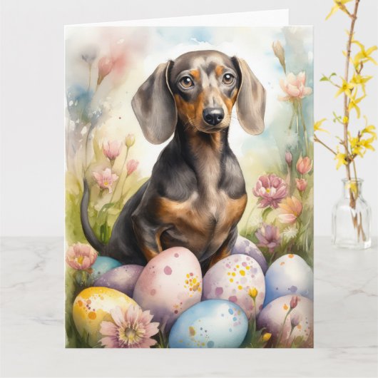 Dackel mit Ostereiern Karte (Gelbe Blume)