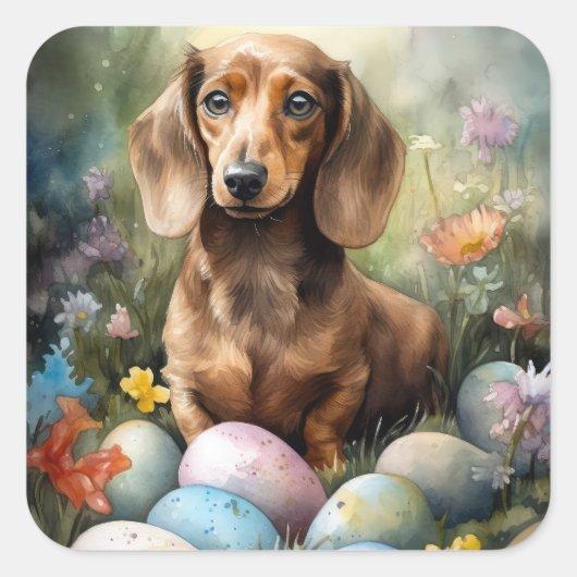 Dackel mit Ostereiern Quadratischer Aufkleber (Vorderseite)