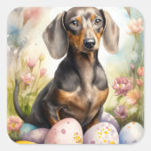 Dackel mit Ostereiern Quadratischer Aufkleber (Vorderseite)