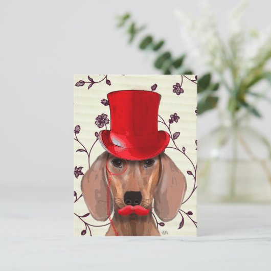 Dackel mit Red Top Hat Postkarte (Stehend Vorderseite)