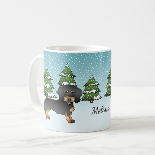 Dackel mit Schwarz-Tan-Draht im Winterwald Kaffeetasse (Vorderseite Links)