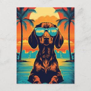 Dackel mit Sonnenbrille an einem tropischen Strand Postkarte