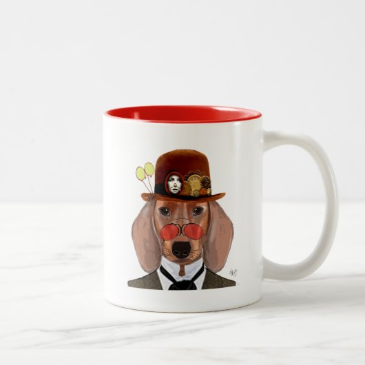Dackel mit Steampunk Bowler Hat Zweifarbige Tasse (Rechts)