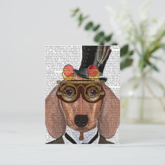 Dackel mit Top Hat und Goggles Postkarte (Stehend Vorderseite)