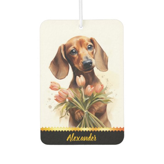 Dackel mit Tulpen im sonnigen Garten, Autolufterfrischer (Vorderseite)