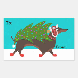 Dackel mit Weihnachtsbaum-Geschenksticker Lable Rechteckiger Aufkleber