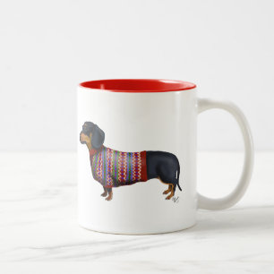Dackel mit Wollpulli Zweifarbige Tasse