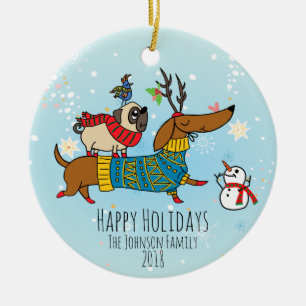 Dackel, Mops & Bird Holiday Keramik Ornament