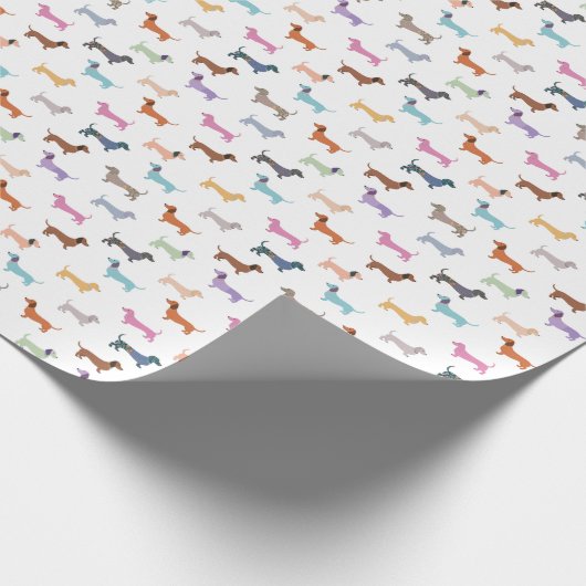 Dackel Muster farbenfrohe Wursthunde Stilvoll Geschenkpapier (Ecke)