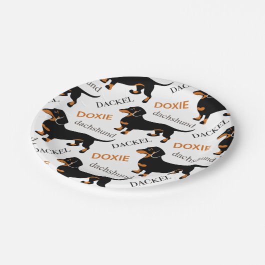 Dackel-Muster Pappteller (Schrägansicht)