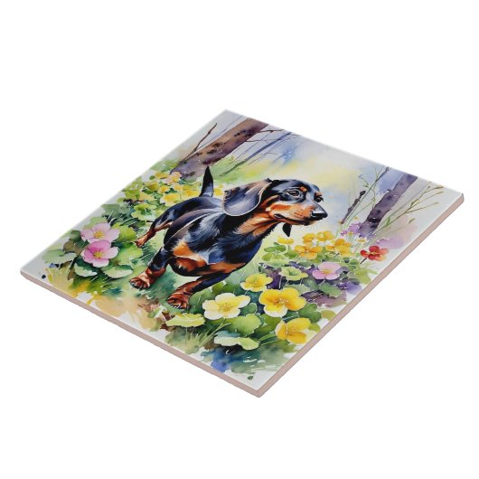 Dackel Niedliche Wurst Hunde Frühling Primrose Blu Fliese (Seite)