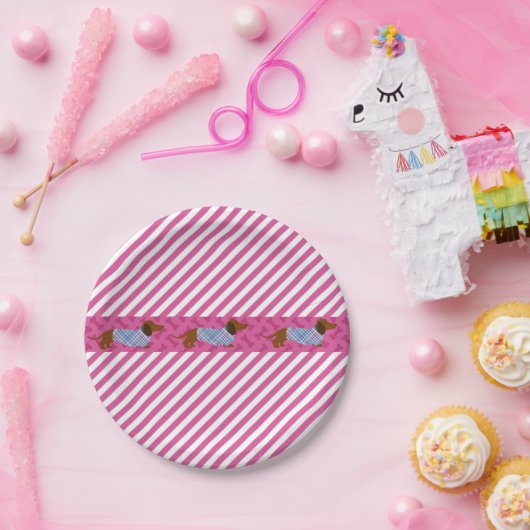 Dackel-Papierdruckpapier-Teller mit rosa Streifen Pappteller (Party)