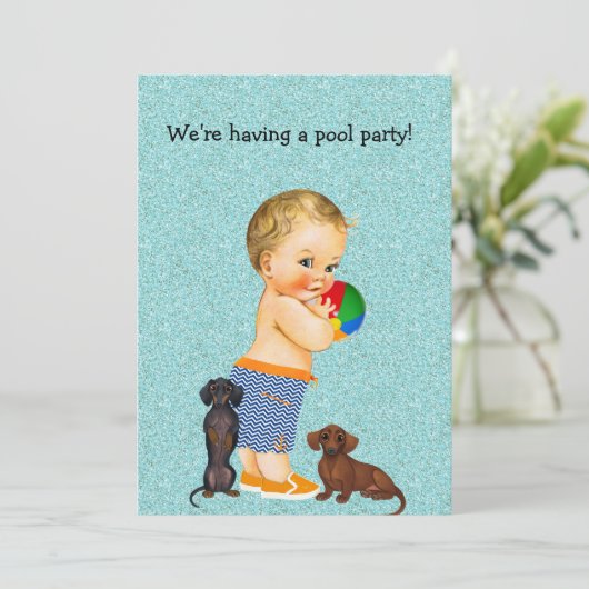 Dackel Pool Party Einladung (Stehend Vorderseite)