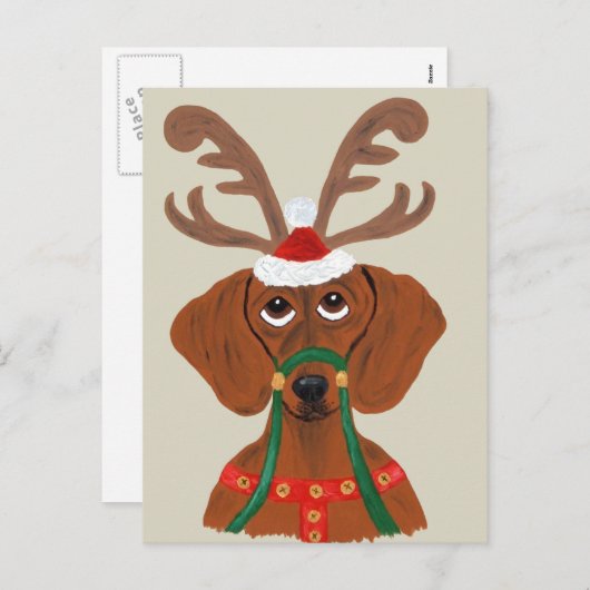Dackel Rentier Feiertagspostkarte (Vorne/Hinten)