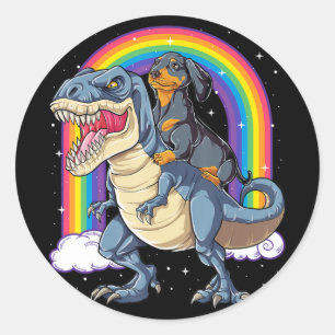 Dackel Riding Dinosaur T Rex Geschenke Jungen Kind Runder Aufkleber