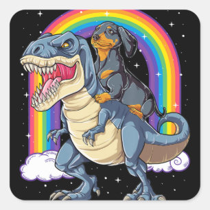 Dackel Riding Dinosaur T Rex gibt Jungen Kinder ic Quadratischer Aufkleber