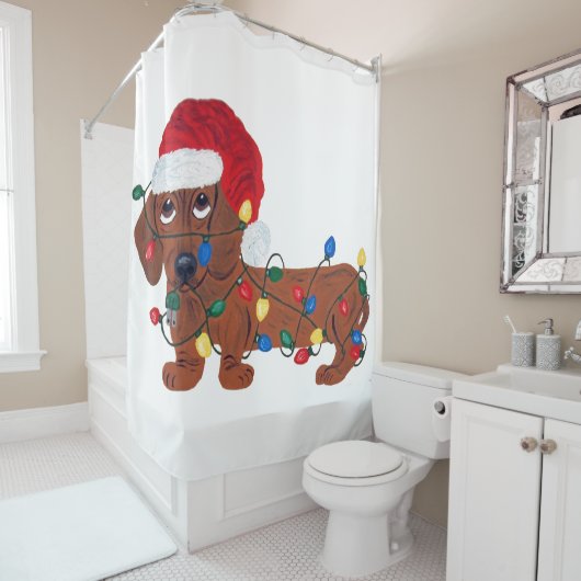 Dackel (rot) verwirrt in den Weihnachtslichtern Duschvorhang (Beispiel)