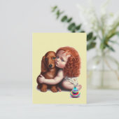 Dackel Roter Kopf Kleinkind Umarmung Postkarte (Stehend Vorderseite)