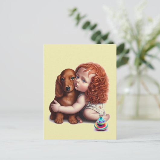Dackel Roter Kopf Kleinkind Umarmung Postkarte (Stehend Vorderseite)
