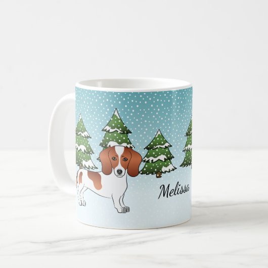 Dackel Rotgebüsch, glatter Coat, Hund - Winterwald Kaffeetasse (Vorderseite Links)