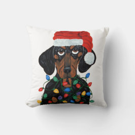 Dackel Sankt verwirrt in den Weihnachtslichtern Kissen