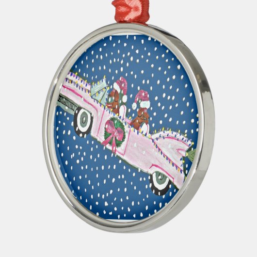 Dackel-Sankt-Weihnachtsrosa Cadillac Silbernes Ornament (Links)