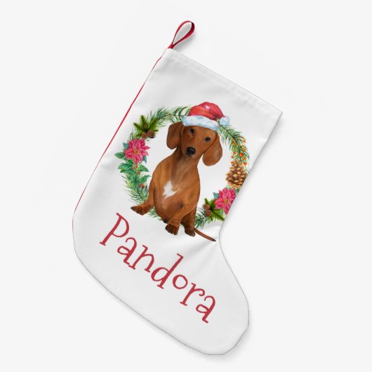 Dackel Santa Aquarell Kranz der DIY-Bezeichnung Sm Kleiner Weihnachtsstrumpf (Vorderansicht (hängend))