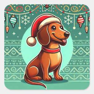 🎄 Dackel Santa Hut Festive Weihnachts Hund Kunst  Quadratischer Aufkleber