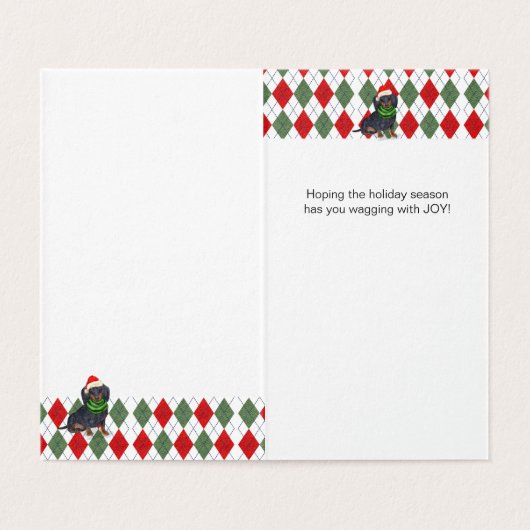 Dackel Santa mit Karierter Weihnachtskarte (Innenseite Aufgefaltet)