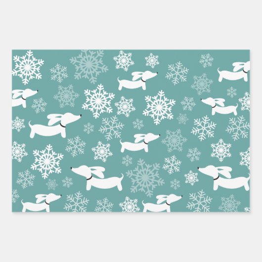 Dackel Schneeflocken Weihnachten Silber Rot & Aqua Geschenkpapier Set (Vorderseite 3)